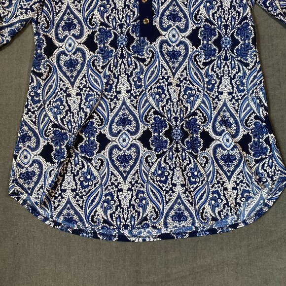 Blue Paisley V-Neck Tunic With 3/4 Sleeves PerSeption Concept Button Womens L - Picture 8 of 11